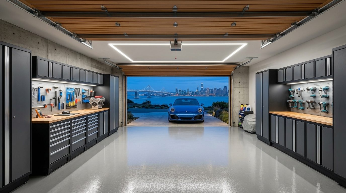 Saoirse Garage Door Repairs Interior View of Custom Garage Door Overhead and Workshop